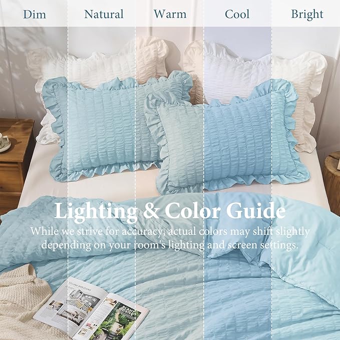 JOLLYVOGUE Blue Twin Size Comforter Set, 2 Pieces Seersucker Lightweight Fluffy Bedding Set, Twin Ruffle Comforter, All Season Soft Microfiber Shabby Chic Bed Set