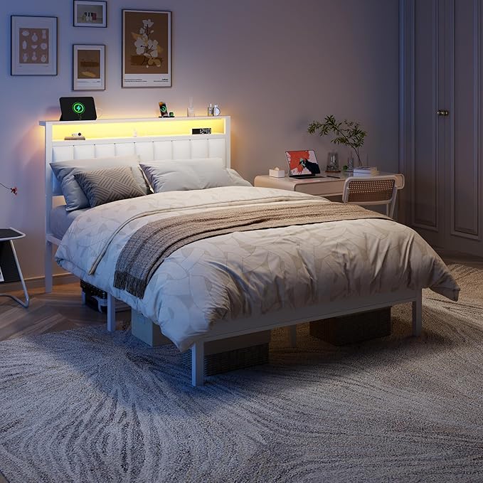 Furnulem White Full Size Bed Frame with Charging Station & Led Lights, PU Leather Upholstered Headboard with 2-Tier Storage Shelves, No Box Spring Needed, Metal Slat Support, Solid and Stable