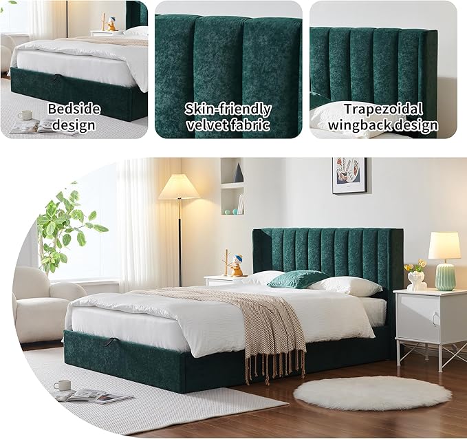 YUHUASHI Queen Size Hydraulic Storage Bed, Upholstered Platform Bed Frame, Modern Wingback Design Headboard, Velvet Fabric with Hydraulic Support Bars, No Box Spring Required (Ink Green, Queen)