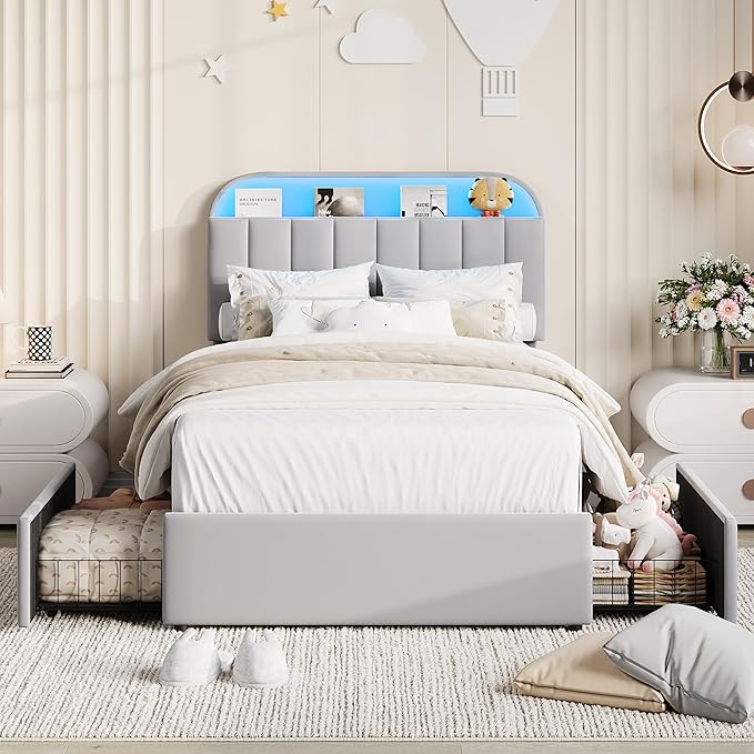 Garvee Twin Size Bed Frame with 2 Flexible Drawers, Velvet Upholstered Platform Bed Frame with Bookcase Headboard and LED Lights, Kids Bed for Girls, Easy Assembly, Noise Free, Grey