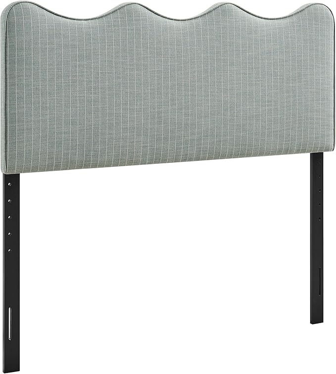 Monday Athena Striped Fabric Upholstered King Size Adjustable Headboard in Spa Blue Stripe - with Scalloped Wave Design and Soft Linen-Like Fabric