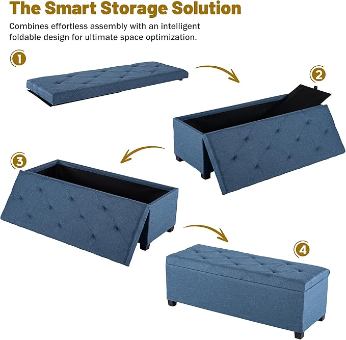 DUMOS Upholstered Storage Bench, End of Bed Ottoman, Extra Large 46.5 Gal (176L) Internal Volume, Foot Stool for Bedroom, Living Room, Sturdy Storage Chest, Blue, 43.3" L x 15.7" W x 15.7" H