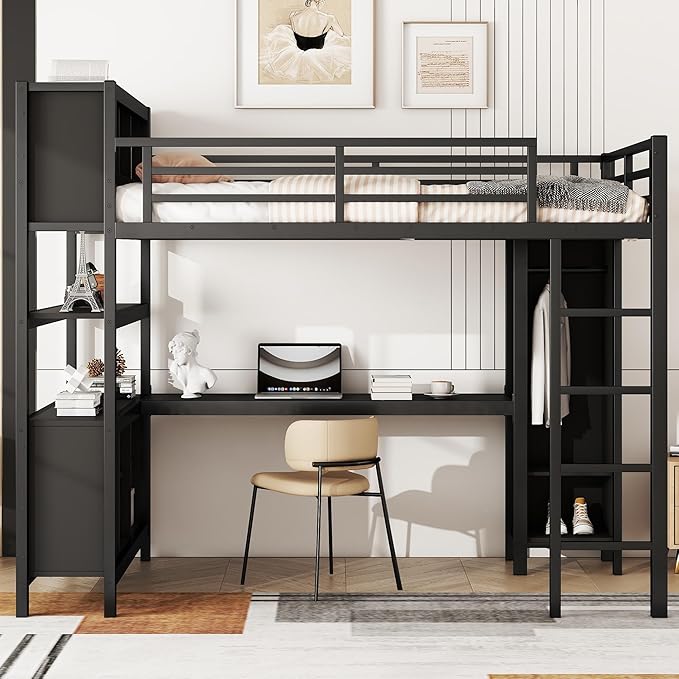 Full Size Loft Bed with L Shaped Desk, Wardrobe and Storage Shelves, Metal Heavy Duty Loft Bed Frames with Ladder and Guardrails for Kids, Teens, Juniors, Space Saving (Black, Full)
