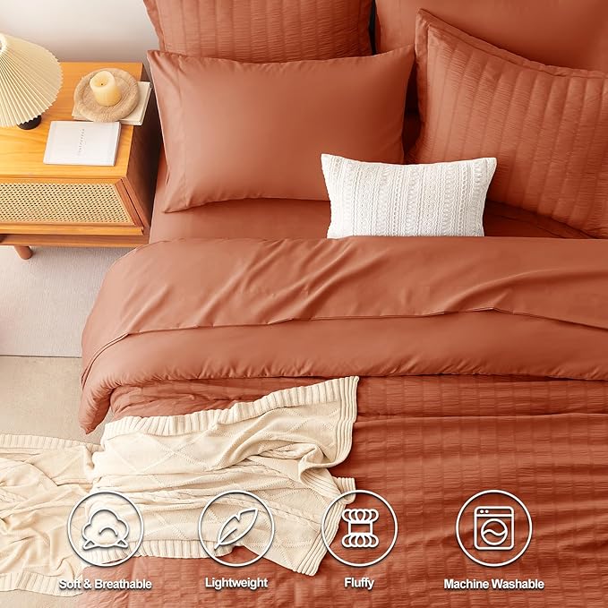 CozyLux Twin XL Comforter Set with Sheets Seersucker Burnt Orange 5 Pieces Bed in a Bag, Terracotta Twin Extra Long Bedding Sets College Dorm with Down Alternative Comforter, Sheets, Pillowcase & Sham