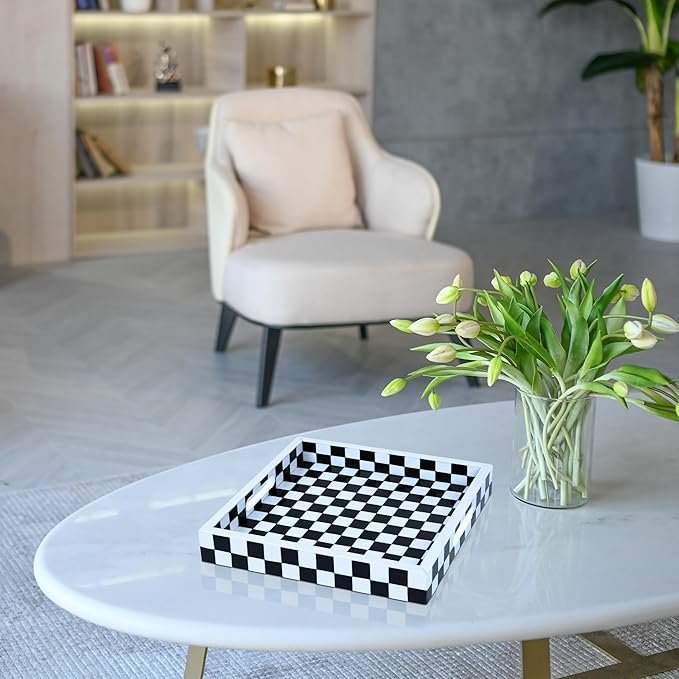 Handicrafts Home 12x12 Decorative Serving Tray, Black and White Checkered Resin Inlay Tray, Square Coffee Table Ottoman Tray for Living Room, Kitchen, Guest Tray Entertaining and Display Centerpiece