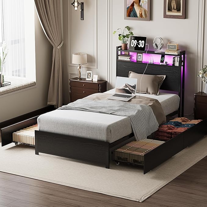 VINGLI LED Twin Bed Frame with 4 Storage Drawers and Adjustable Headboard Shelf, Metal Platform Panel Bed with Charging Station for Kids Teens, Adults, No Box Spring Needed, Black