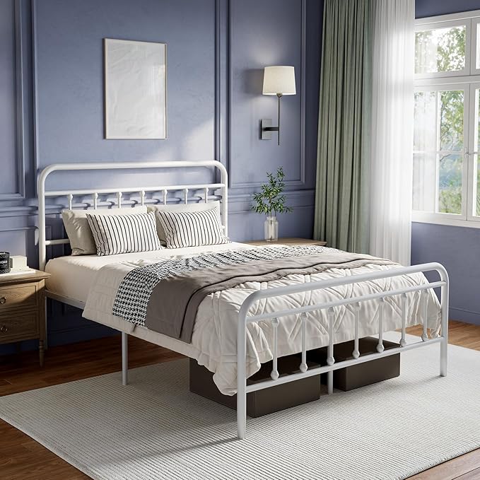 Novilla Metal Bed Frame Queen Size - Modern Minimalist Victorian Style with Headboard/Footboard, Heavy-Duty Steel Slats/Underbed Storage/No Box Spring Needed/Easy Assembly/Noise Free/White