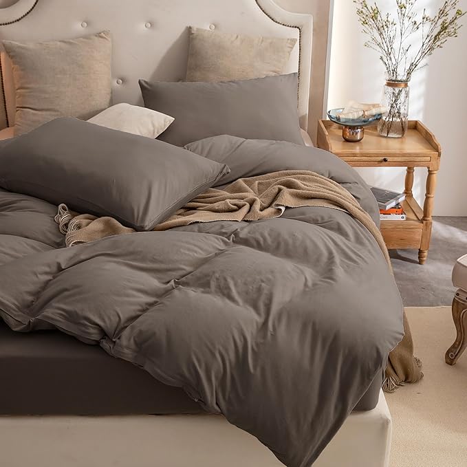 PURE ERA Jersey Knit Duvet Cover Set 100% T-Shirt Cotton Super Soft Comfy 3pc Bedding Set with Zipper Closure (Solid Brown, Full)