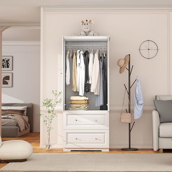 Bedroom Armoire Wardrobe Closet with Drawers: White Wardrobe Closet for Hanging Clothes, Large Wardrobes Storage Closets, Wood Closets Cabinets with Doors and Shelves (White, 31.5")