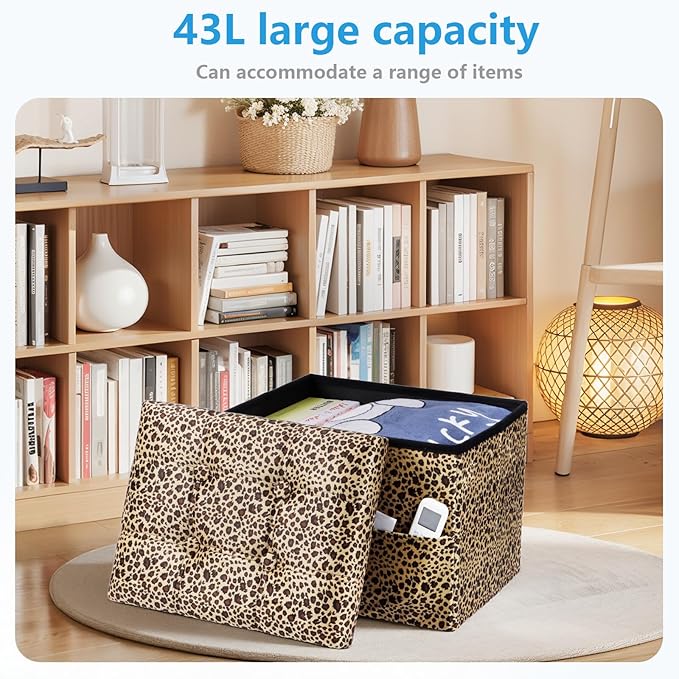 AmasSmile Storage Ottoman Folding Foot Rest Stool with Side Pocket, 17 inch Velvet Footstool Bench, Short Ottoman Bench, Storage Foot Rest Store, Blanket Chest, Leopard Print