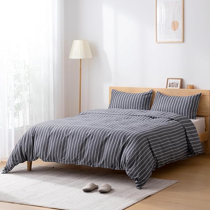 TOCOMOA Striped Duvet Cover Set 100% Natural Cotton Soft Comfy Breathable 3 Piece Grey and White Pattern Printed Comforter Cover Bedding Set (Queen 90"x90", Comforter Not Included)
