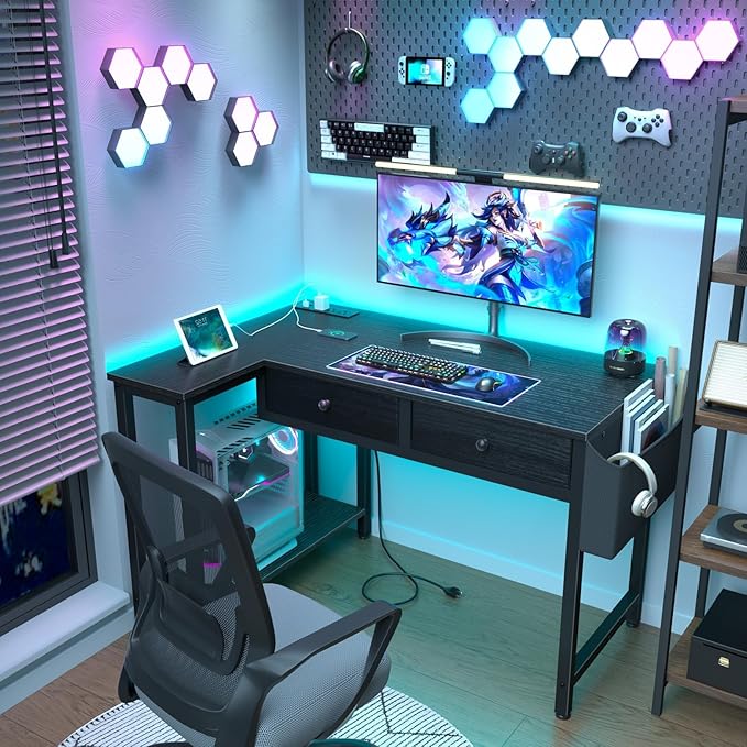 DLisiting Black Corner Desk for Small Space with Drawers, Reversible Gaming L Shaped Computer Desk with Storage Shelves for Boys, Corner Work Study PC Desks for Bedroom