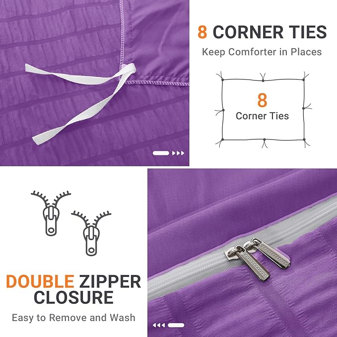 HYMOKEGE Dark Purple Duvet Cover Full Size, Ultra Soft 3-Piece Seersucker Duvet Cover Set with Zipper Closure, Soft Brushed Microfiber Bedding Set with 8 Corner Ties (80"x90", 2 Pillowshams)