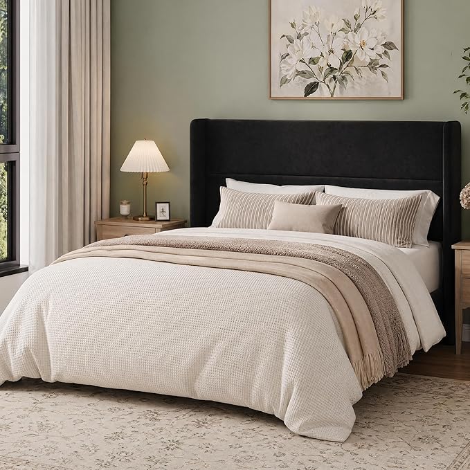 Garvee Queen Size Bed Frame with Wingback Headboard, Velvet Upholstered Platform Bedframe with Wood Slats, No Box Spring Needed, Easy Assembly, Black