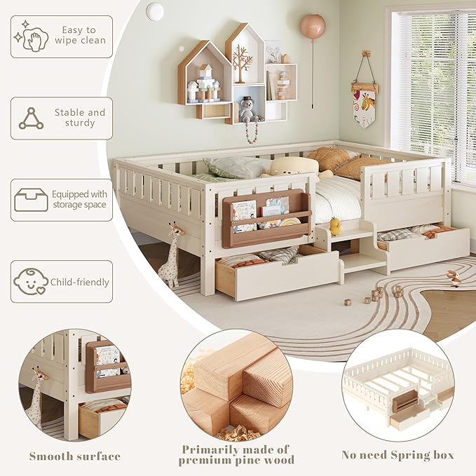 Bellemave Queen Bed with Storage Drawers & Bookshelf, Low Profile Kids Bed Frame with Staircase & Full Length Guardrails, Solid Wood Queen Bed for Kids with Slats Load 550LBS, Easy Assembly, Beige