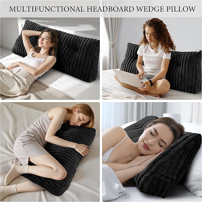 Headboard Pillow Full, Triangular Wedge Pillow Headboard Full, Cushion Headboards Reading Pillows, Backrest Pillows for Sitting in Bed or Working with Removable Cover, Black