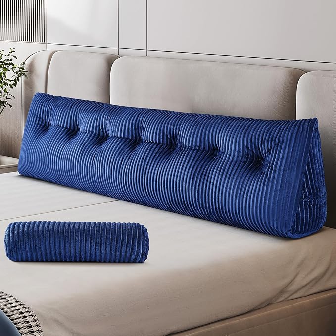 Z-hom King Size Wedge Headboard Pillow with 2 Roll Cushions, Large Reading Pillow for Bed Sitting Up, Triangular Backrest Cushion for Headboard, Supportive Pillow for Back Pain Relief, Blue