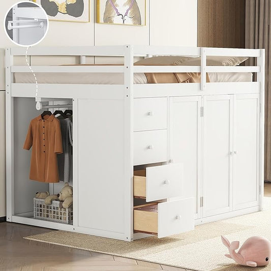 LUMISOL Full Size Loft Bed with Built-in Wardrobes and Drawers, Wood Loft Bed with Storage Stairs and Cabinet, Wood Loft Bed with Multiple Storage, White