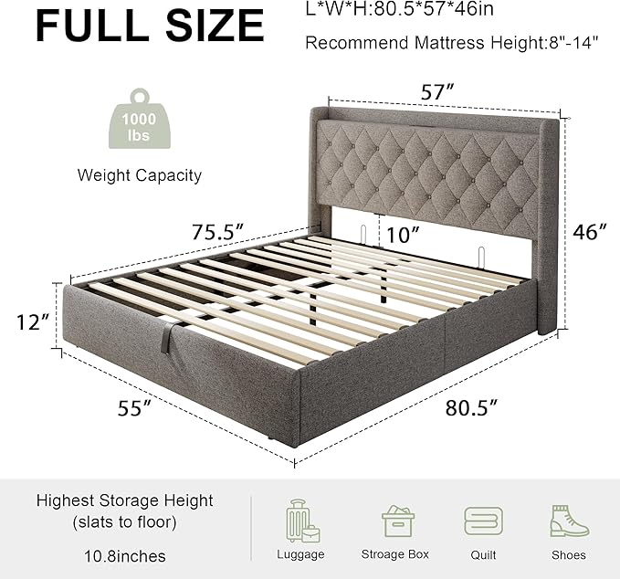 Feonase Full Size Bed Frame with Storage & Charging Station - Hydraulic Lift Up Platform Bed, Upholstered Button Tufted Headboard, Sturdy Wooden Slats, Noise-Free, No Box Spring Needed, Dark Gray