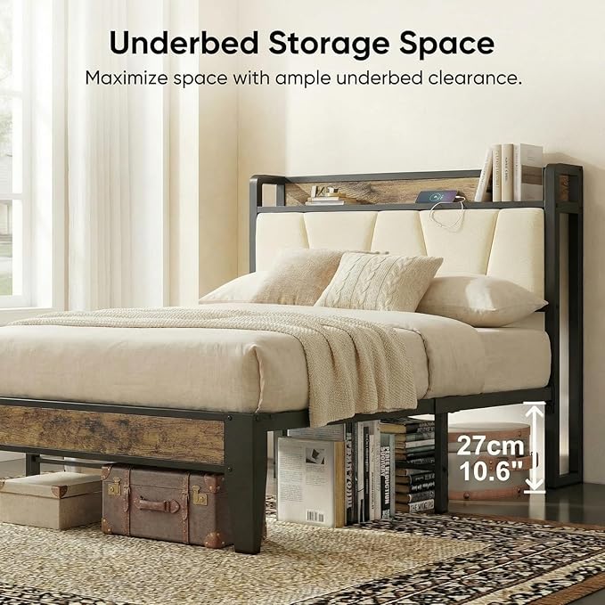 LIKIMIO Twin Bed Frames, Storage Headboard with Charging Station, Solid and Stable, Noise Free, No Box Spring Needed, Easy Assembly (Walnut and Beige)