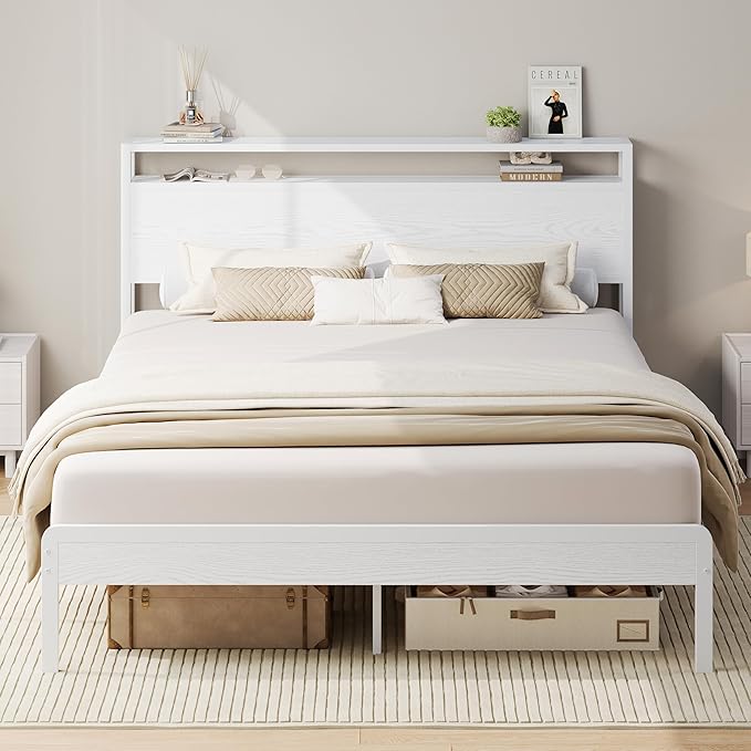 LIKIMIO Full Bed Frame with Headboard, Wood Camas Full with Strong Supports, Sturdy, Noise-Free, No Box Spring Needed, White
