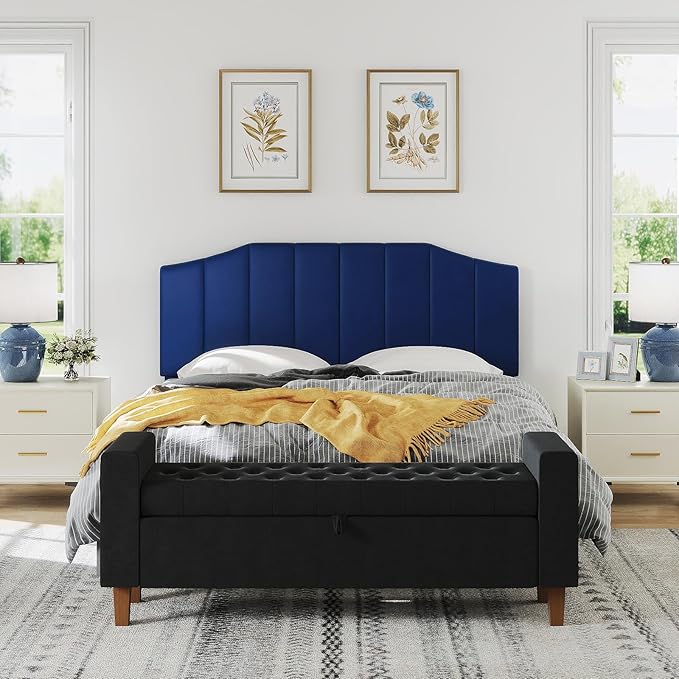 Furpopup Velvet Queen Size Headboard, Upholstered Headboard Queen/Full Size Wall Mount and Bed Frame Mount, Featuring High-Density Sponge Padding Luxury Texture Easy Assembly Comfort Style-Navy Blue