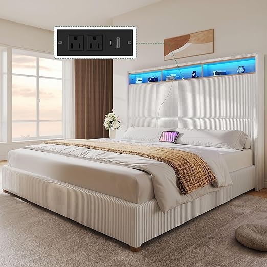 DWVO King Size Corduroy Upholstered Platform Bed Frame with Charging Station and RGB LED Lights, 53’’ Tall Storage Wingback Headboard, No Box Spring Needed, Easy Assembly, Noise-Free, White