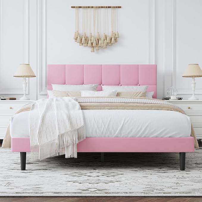 Queen Bed Frame, Velvet-Upholstered Platform Bed Frame with Tufted Button Headboard, Sturdy Slatted Mattress Base, No Spring Mattress Required, Easy to Assemble, Pink