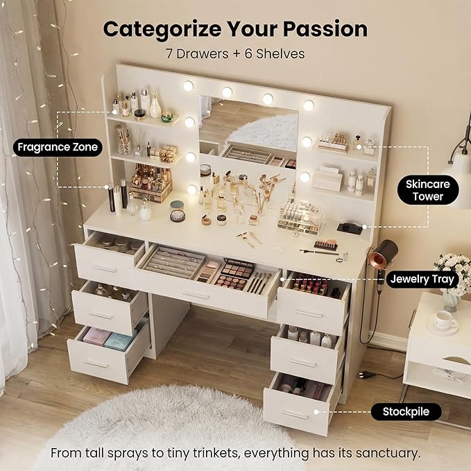 Furmax Vanity Desk with Mirror, LED Lights and Power Outlet Makeup Vanity Table with 7 Drawers and 6 Storage Shelves Dressing Table for Bedroom Dressing Room (Bright White)