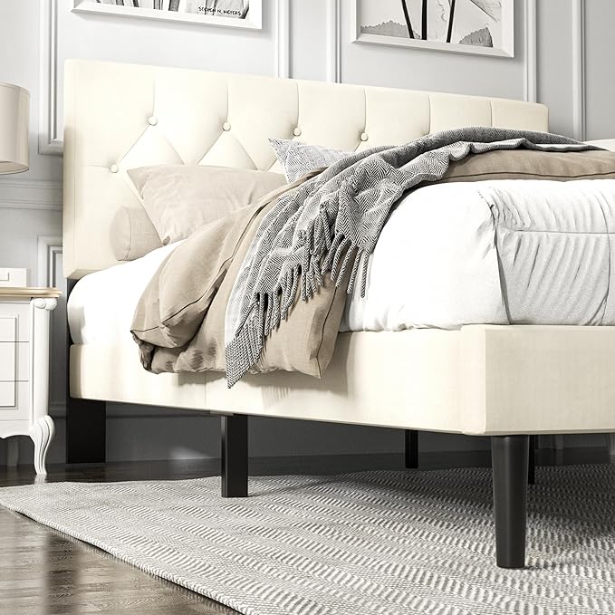 HAOARA Full Size Platform Bed Frame with Upholstered Button Tufted Headboard, Mattress Foundation with Wooden Slat Support, Noise Free, No Box Spring Needed, Easy Assembly, Beige Velvet