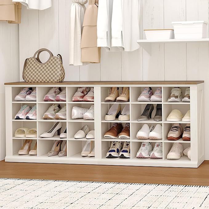 Hzuaneri Farmhouse Shoe Storage Bench, Entryway Shoe Cubby Bench, Widened Wooden Shoes Cubbies with Compartments, Shoes Rack Benchs for Cloakroom, Entryway, Antique White SB52514B