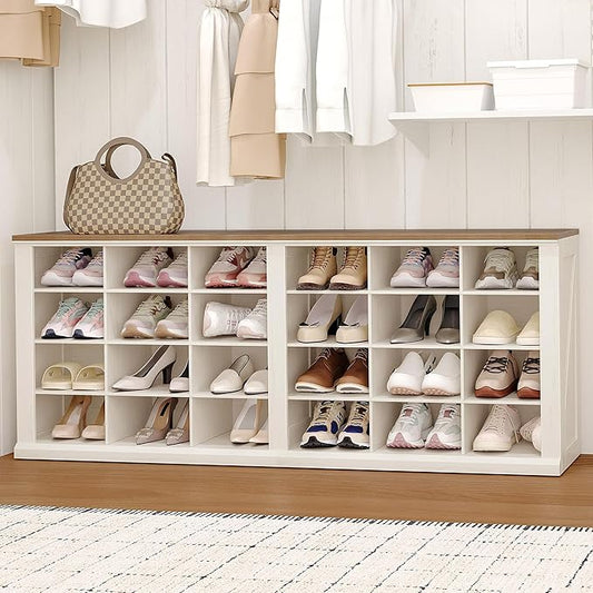 Hzuaneri Farmhouse Shoe Storage Bench, Entryway Shoe Cubby Bench, Widened Wooden Shoes Cubbies with Compartments, Shoes Rack Benchs for Cloakroom, Entryway, Antique White SB52514B
