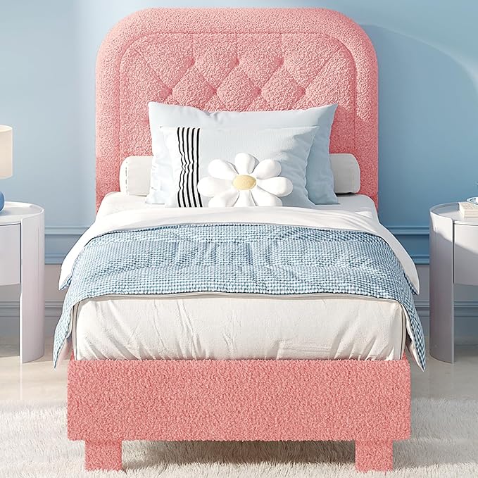 VINGLI Twin Bed with Headboard,Soft Frame Cloud Bed Frame with Sturdy Wood Slats Support,Upholstered Boucle Cream Platform Soft Bed with Rounded Corners,for Kids Teens Adults, Pink