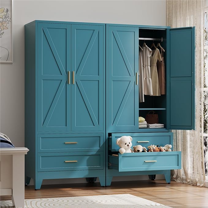 Baborokic Metal Wardrobe Cabinet with Hanging Rod, 71" Armoire Wardrobe Closet with 2 Drawers,Farmhouse Metal Clothing Storage Cabinets with Door and Adjustable Shelves for Bedroom,Laundry Room(Blue)