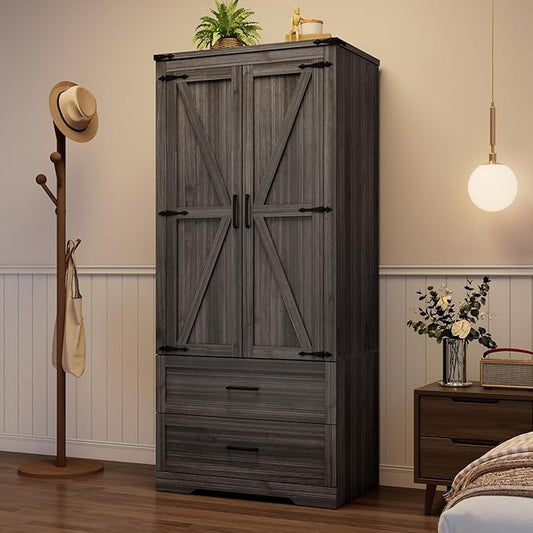 St.Mandyu Farmhouse Wardrobe Armoire Closet with 2 Doors and 2 Drawers, 70.1" Wooden Clothing Storage Cabinet, Freestanding Large Capacity Storage Wardrobe Armoire with Hanging Rod for Bedroom, Grey