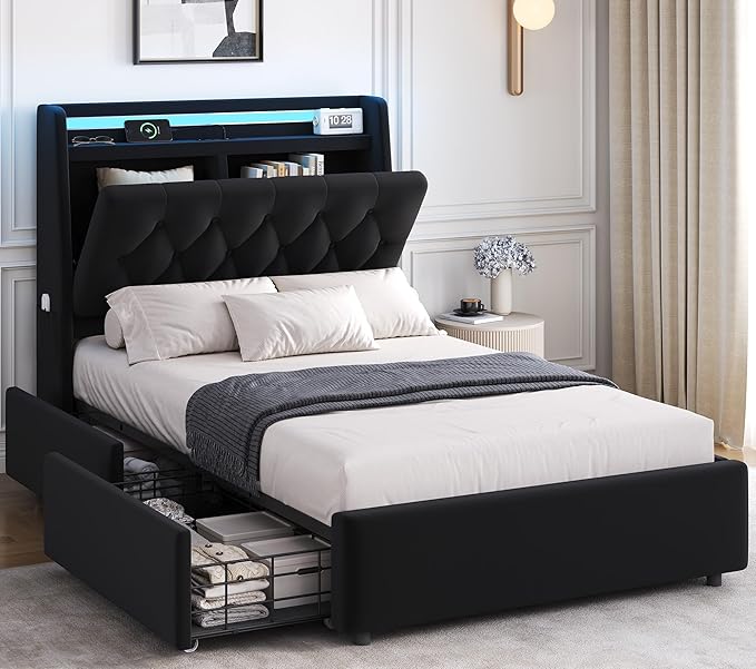 Twin LED Velvet Bed Frame with 2 Storage Drawers&Hidden Headboard, Upholstered Platform Bed with Charging Station&Button Tufted Design, Wooden Slats Support, Box Spring Optional, Easy Assembly, Black