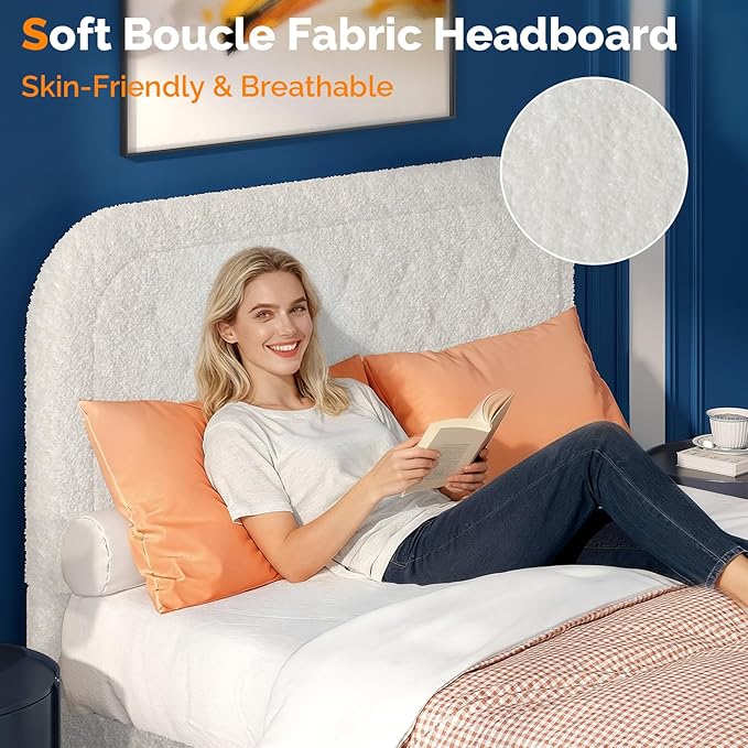 VINGLI Full Boucle Cloud Bed Frame with Headboard,Upholstered Soft Bed with Wood Sturdy Slats Support, Rounded Corners,Modern Cream Style,Easy Assembly, White