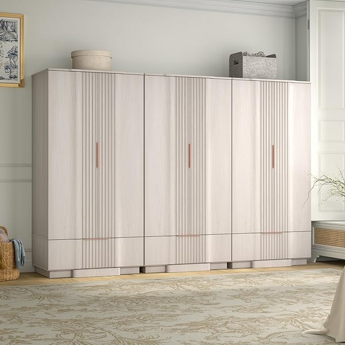 Yechen 67" Fluted Armoire Wardrobe Closet Set of 3 with Doors and Drawer, Wooden Wardrobe Closet Cabinet with Adjustable Shelve, Modern Small Armoires Storage Clothes, Coats for Bedroom, White, 3pcs