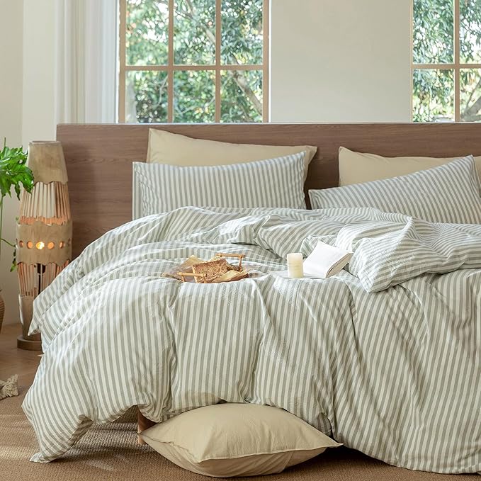 MooMee Striped Duvet Cover Set 100% Washed Cotton Linen Like Textured Breathable Durable Soft Comfy (Sage Green White Classic Stripes, Super Queen 90"x98")