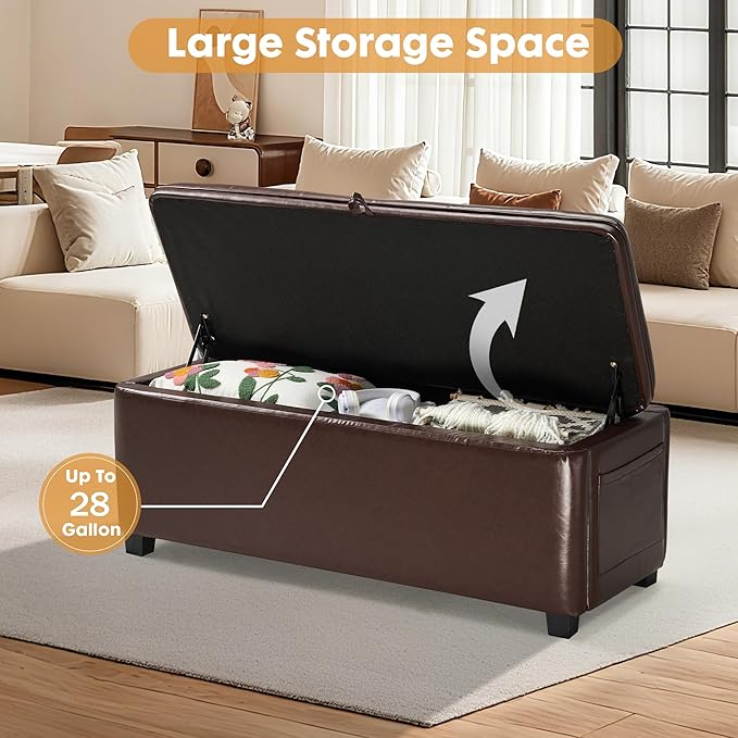 45" Storage Ottoman Bench - Large 28 Gallon (105L) Brown Bedroom Bench for End of Bed, Fuax Leather Upholstered Window Seat, Sturdy Toy Chest & Shoe Bench for Living Room, Entryway