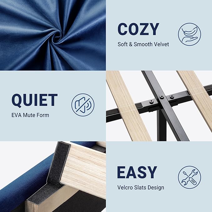 Allewie King Size Platform Bed Frame with Adjustable Headboard, Plush Velvet Upholstered, Vertical Channel Tufted, Sturdy Wooden Slats, No Box Spring Needed, Easy Assembly, Blue