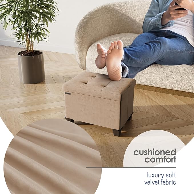 Storage Ottoman Cube with Small Bin, 16-in Square Ottoman with Storage for Living Room and Bedroom, Small Ottomans Foot Rest, Velvet Foot Stools Ottomans Max 330lbs, Taupe