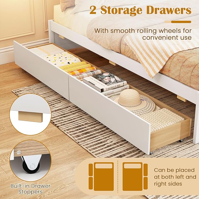 Giantex Full Size Bed Frame with 2 Storage Drawers, Solid Wood Platform Bed with Slats Support, Heavy Duty Daybed with Storage, No Box Spring Needed, Full Bed Frames for Teens Adults, White