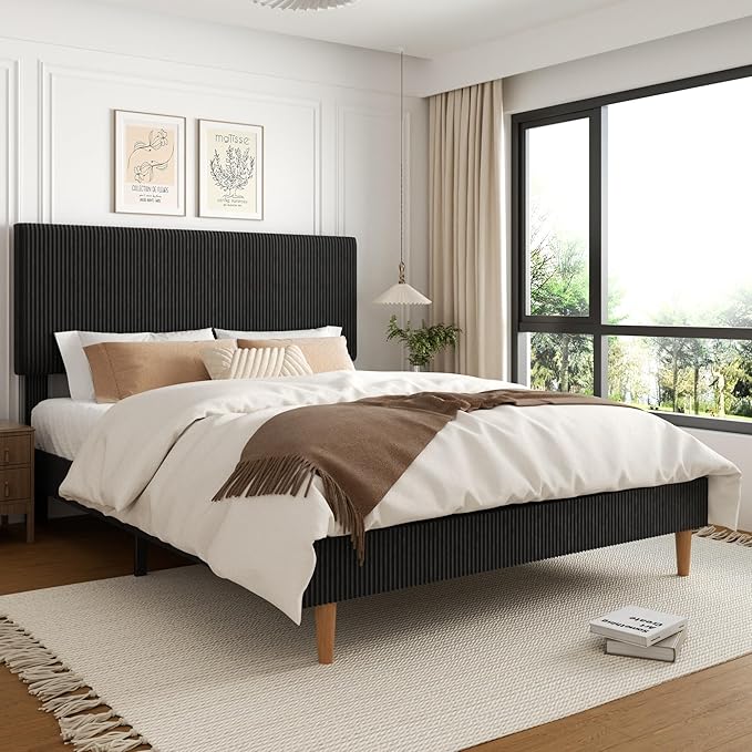 King Size Bed Frame, Upholstered Platform Bed with Adjustable Headboard, Vertical Fluted Tufted, Soft Corduroy Fabric, Wooden Slats Support, No Box Spring Needed, Easy Assembly, Black