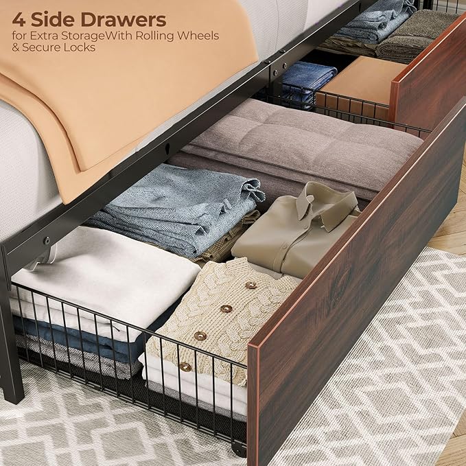 Rolanstar Queen Bed Frame with 4 Storage Drawers & 2-Tier Storage Headboard, Metal Platform Bed Frame with Charging Station & LED Lights, Noise-Free, No Box Spring Needed, Easy Assembly, Espresso