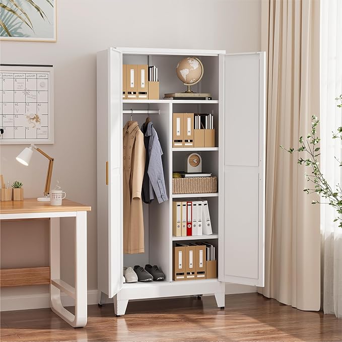 COFaR 71" Metal Wardrobe Closet with Adjustable Shelves & Hanging Rod, Freestanding Armoire with Top Storage & Two-Section Design, White Steel Storage Cabinet for Bedroom