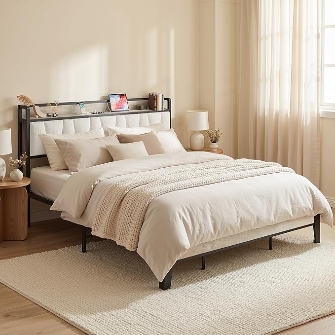 LIKIMIO California King Bed Frames, Bouclé Storage Headboard with Charging Station, Solid and Stable, Noise Free, No Box Spring Needed, Easy Assembly
