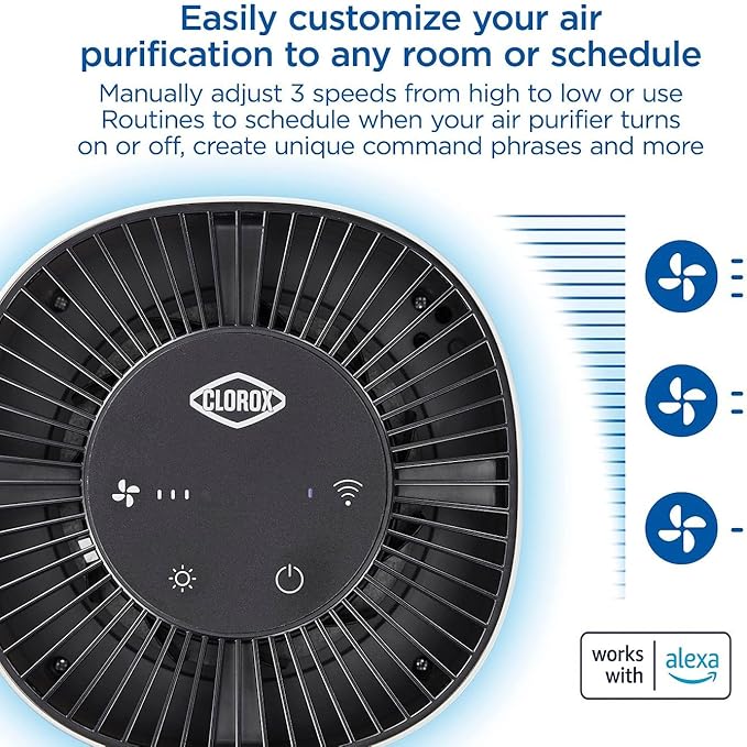 Clorox Smart Air Purifiers for Bedroom Home, True HEPA Filter, Works with Alexa, Small Rooms up to 200 Sq Ft, Removes 99.9% of Viruses, Wildfire Smoke, Mold, Allergies, Dust, AUTO Mode, Whisper Quiet
