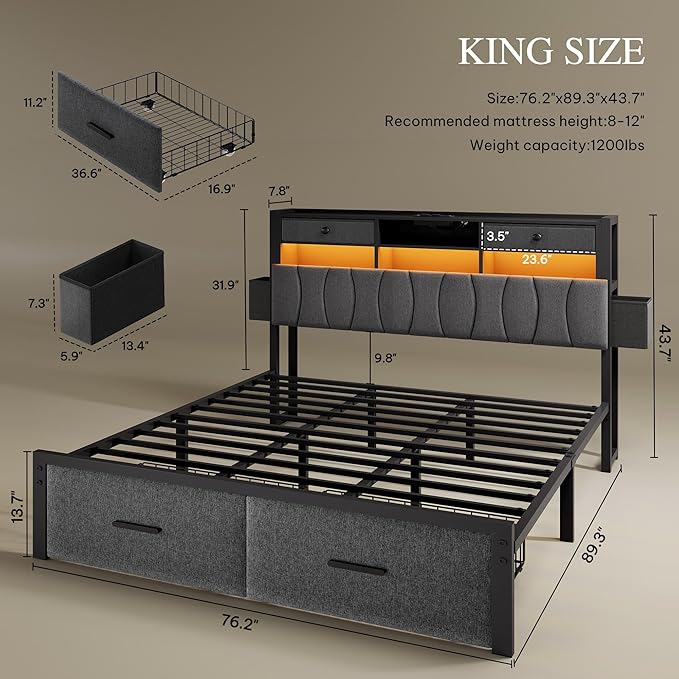 DWVO King Size with 2 Storage Drawers and Charging Station, Linen Upholstered Platform Bed with Storage Headboard and LED Light, Heavy Duty Metal Support, No Box Spring Needed, Noise Free, Grey