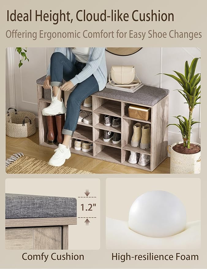 DINZI LVJ Shoe Storage Bench with Cushion, 14-Cubby Shoe Rack, Adjustable Shelves, Multifunctional Shoe Organizer Bench for Entryway, Mudroom, Hallway, Living Room, Bedroom and Garage, Greige